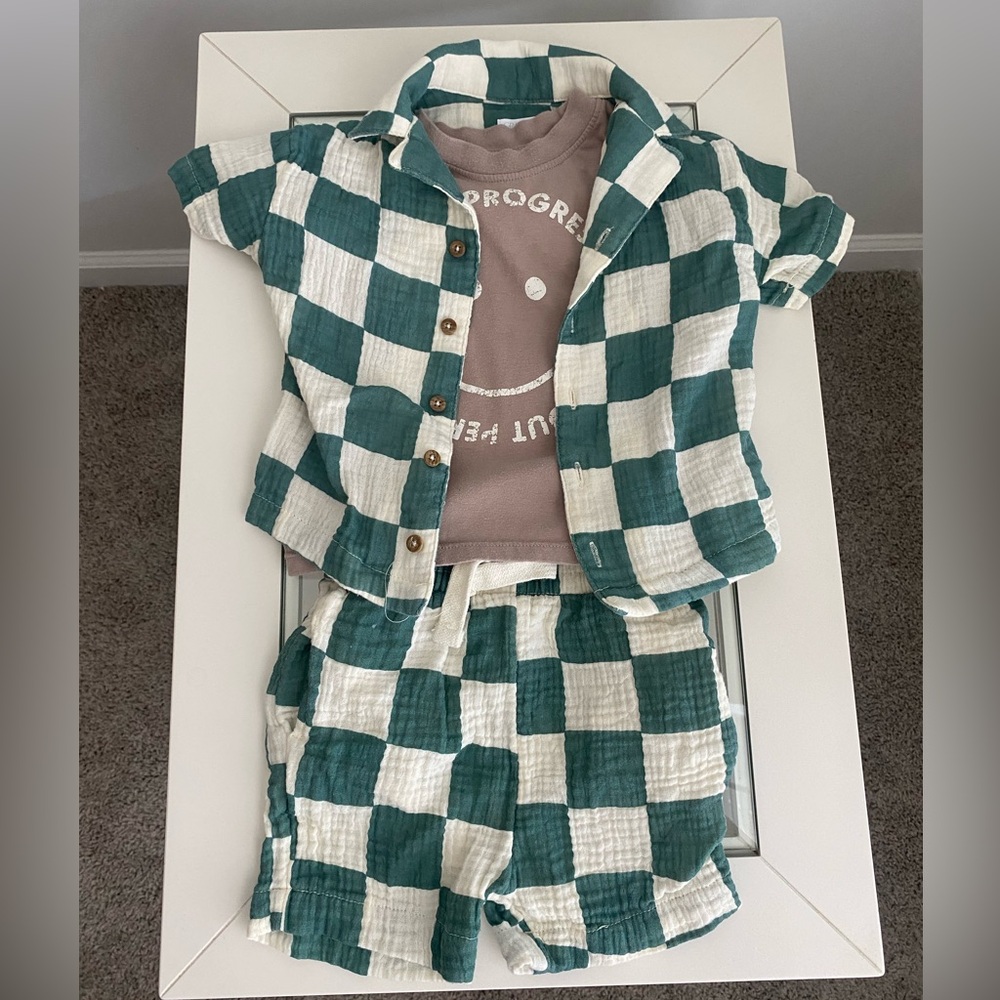 Grayson Mini- Green & White Checkered Two-Piece Set with Tshirt